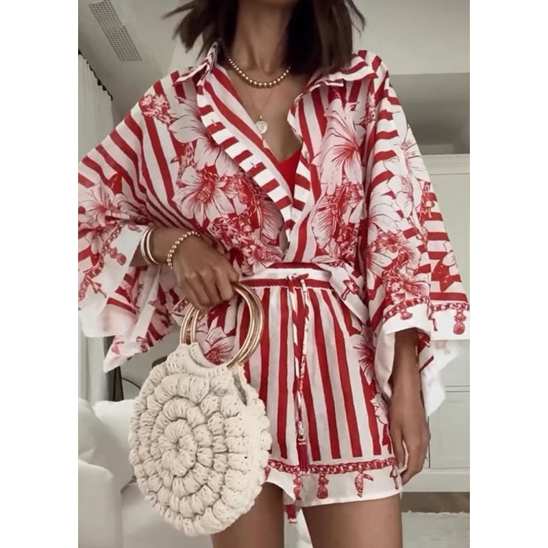 Loose Red Peter Pan Collar Print Sets 2 Pieces Summer