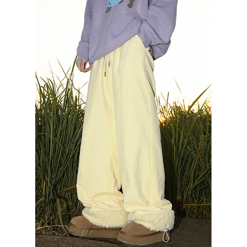 Loose Yellow Pockets Drawstring Warm Fleece Mens Pants Winter