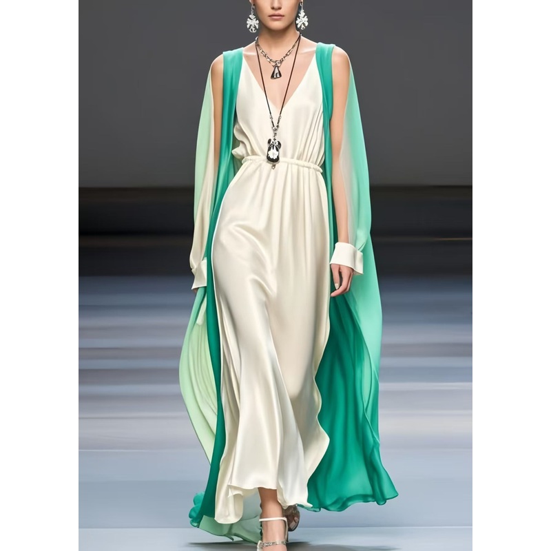 Milk White Patchwork Silk Dresses Cold Shoulder Cloak Sleeves