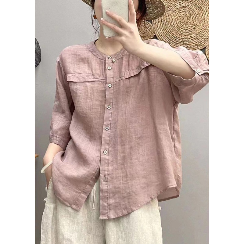 Modern Purple Oversized Linen Blouse Tops Bracelet Sleeve