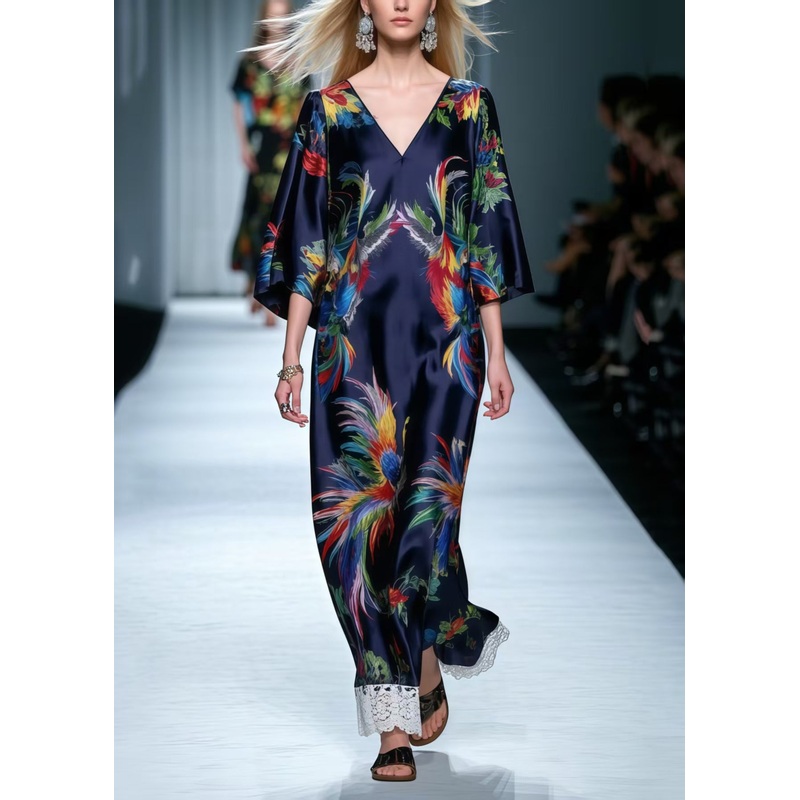 Navy Patchwork Lace Dress Oversized Phoenix Print Summer