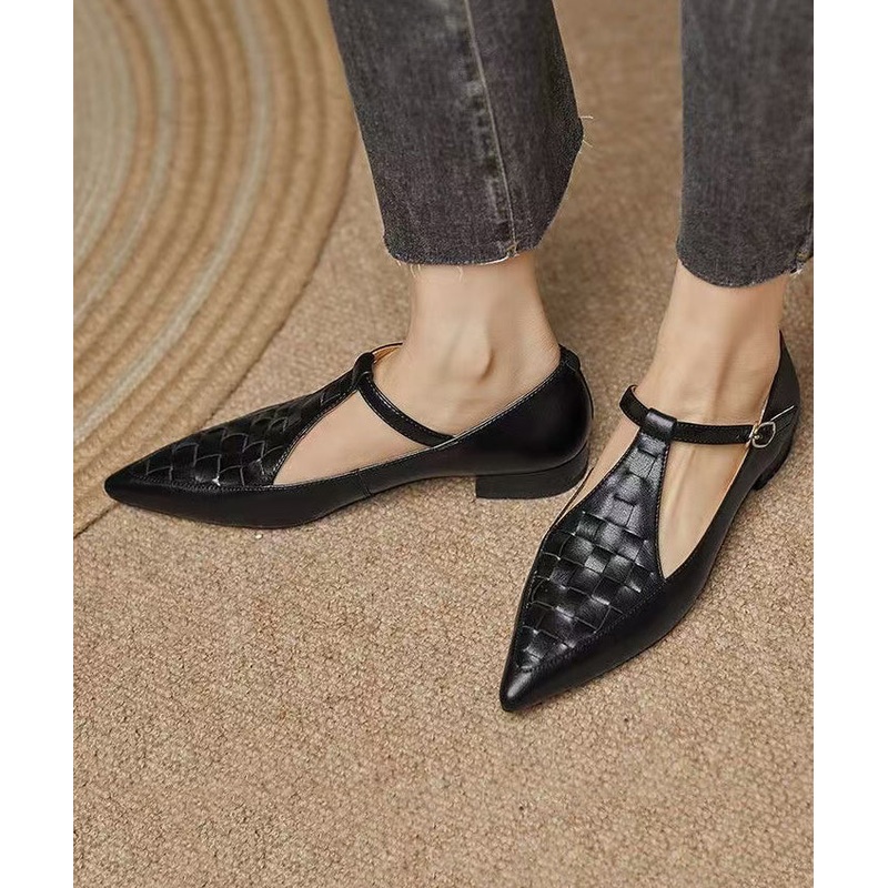 New Black Cowhide Leather Hollow Out Flat Feet Shoes Pointed Toe