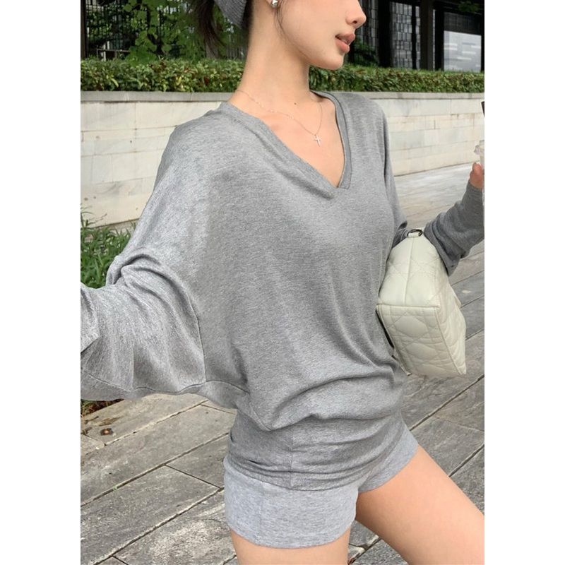 New Grey V Neck Solid Cotton T Shirt Spring