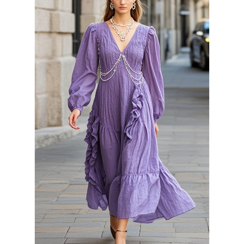 Organic Purple Ruffled Nail Bead Cotton Long Dress Spring