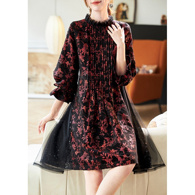 Organic Red Print Wrinkled Tulle Patchwork Holiday Mid Dress Spring