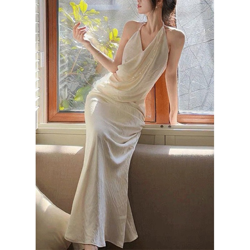 Original White V Neck Pearl Backless Silk Long Dress Sleeveless