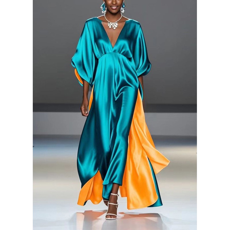 Peacock Green Patchwork Silk Holiday Dress Fake Two Piece V Neck Summer