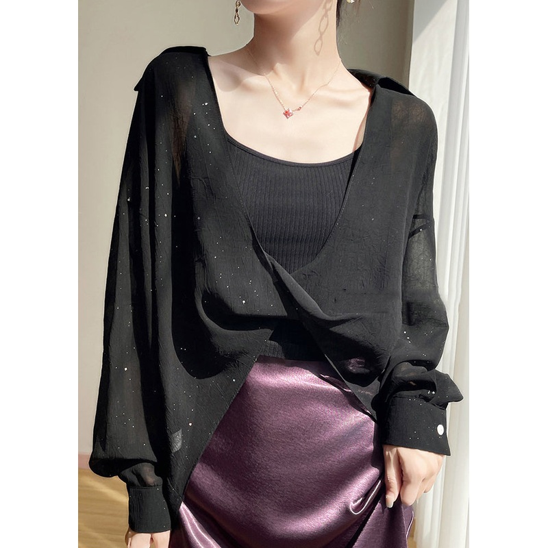 Plus Size Black Peter Pan Collar Solid Chiffon Blouses Fall