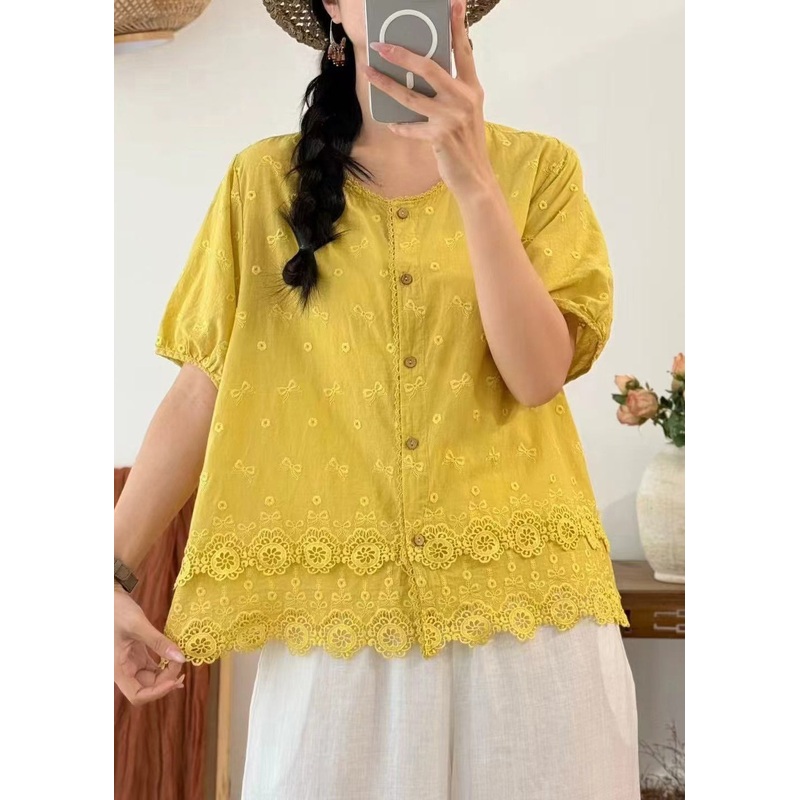 Plus Size Yellow Embroidered Cotton Blouses Summer