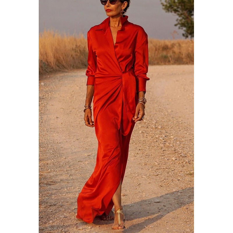 Red Satin Wrap Shirt Maxi Dress