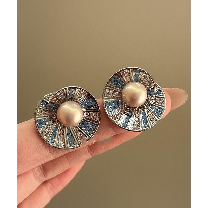 Retro Colorblock Copper Overgild Zircon Pearl Shell Stud Earrings