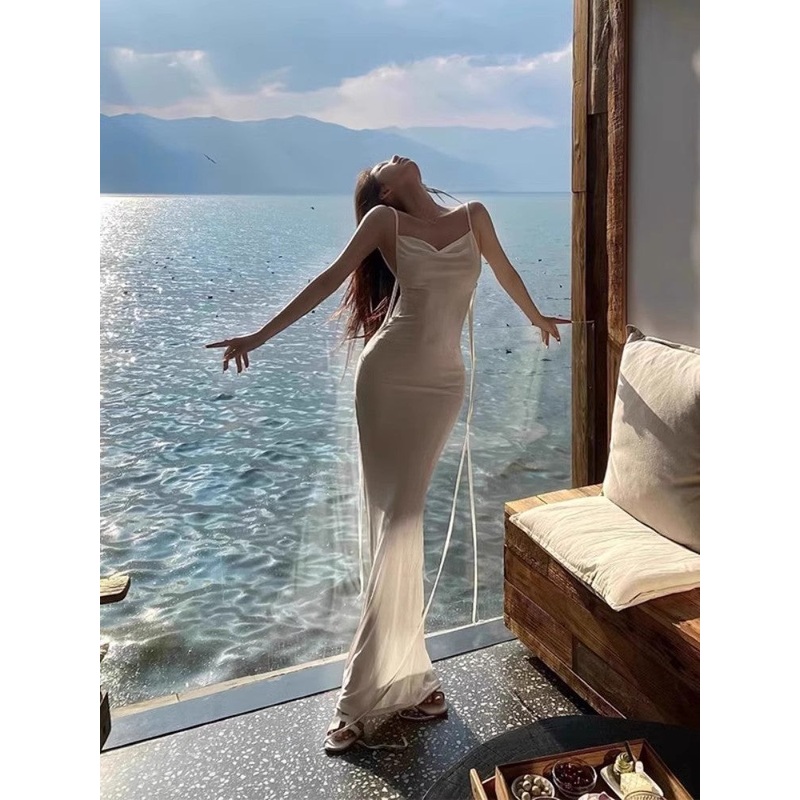 Sexy white spaghetti strap dress seaside holiday long dress L1