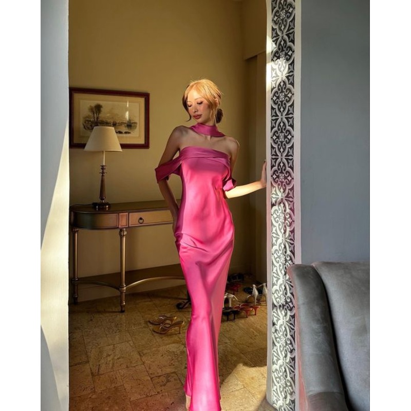 Sheath Hot Pink Silk Satin Long Prom Dresses J3836