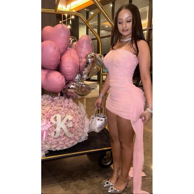 Sheath Strapless Pink Chiffon Birthday Dress Hoco Dress J7680