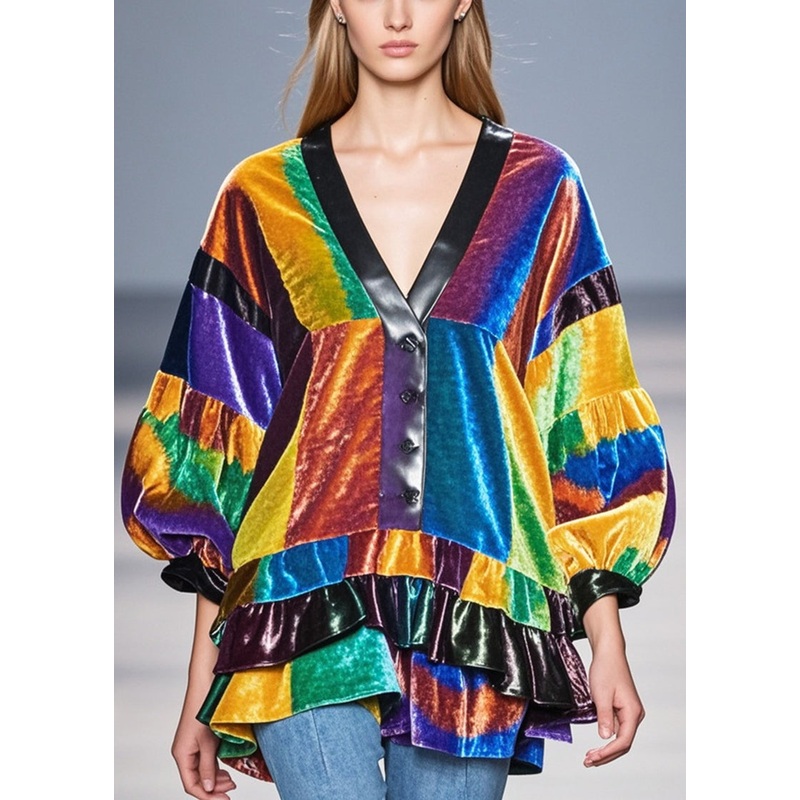 Simple Colorblock Ruffled Patchwork Silk Velour Shirt Tops Spring