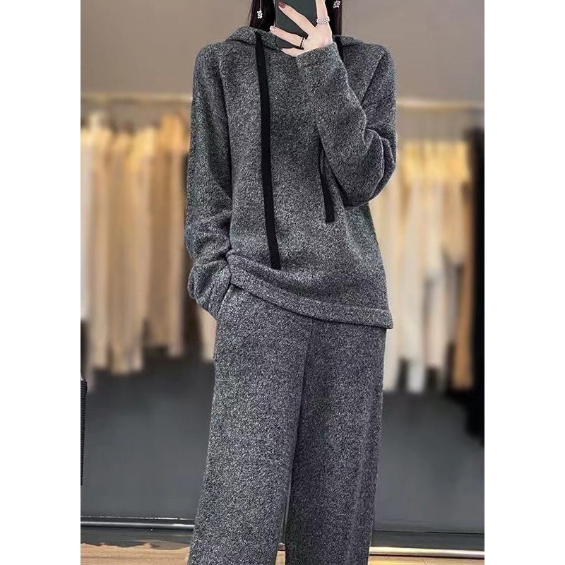 Simple Grey Hooded Pockets Woolen Two-Piece Set Winter