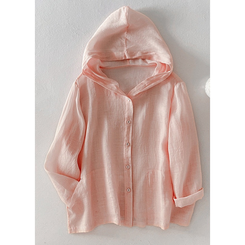 Simple Pink Hooded Button Pockets Cotton Shirt Fall