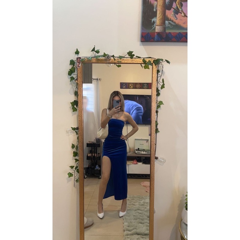 Strapless Royal Blue Sheath Birthday Outfit Formal Evening Dress With Slit J4248