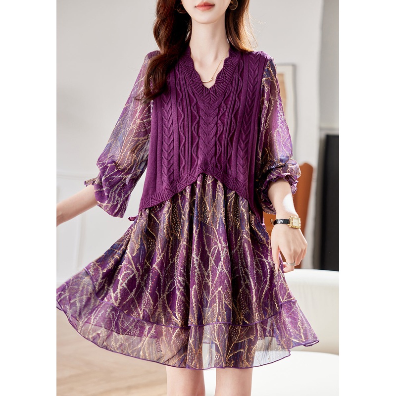 Style Purple Knit Patchwork Fake Two Pieces Mid Dresses Bracelet Sleeve