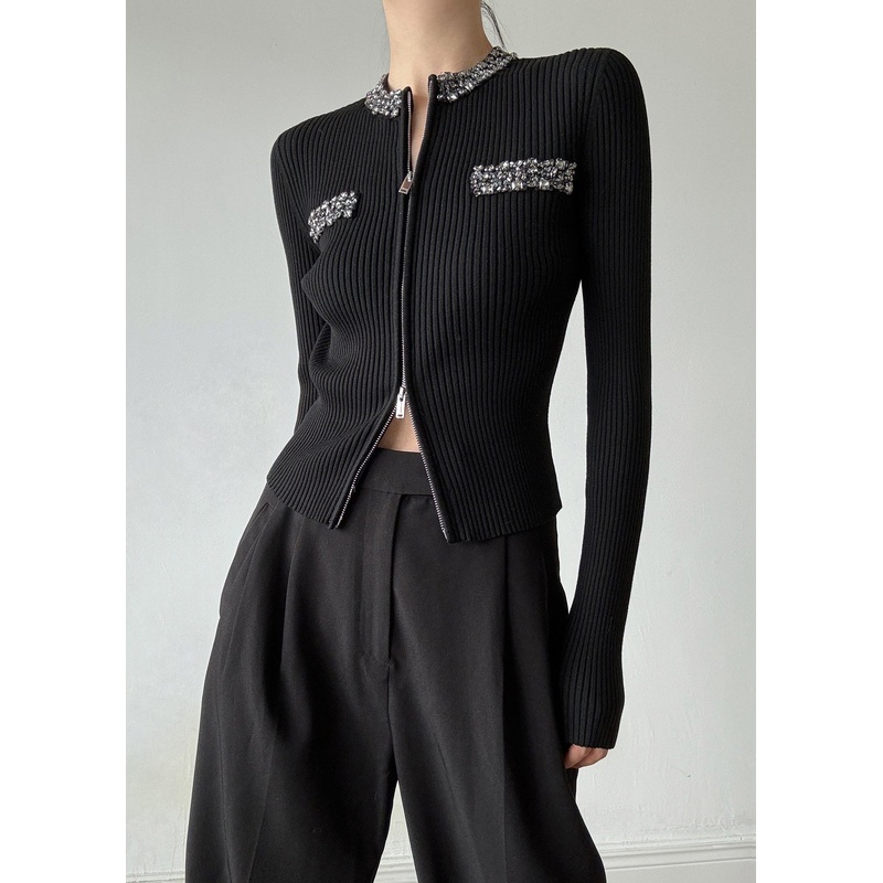 Stylish Black O-Neck Zip Up Zircon Wool Cardigans Spring