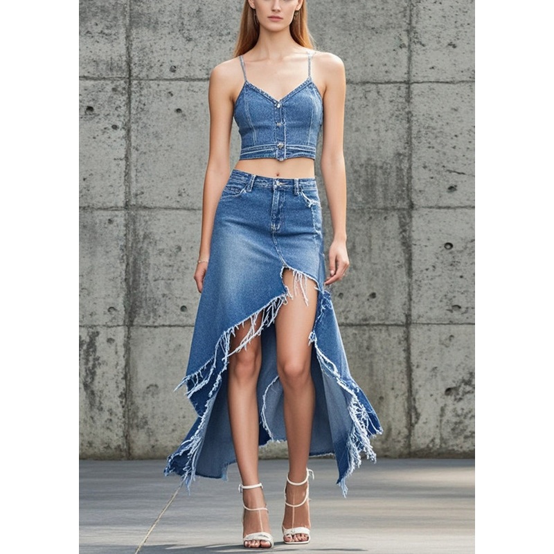 Unique Blue Asymmetrical Silm Fit Denim Skirts Spring