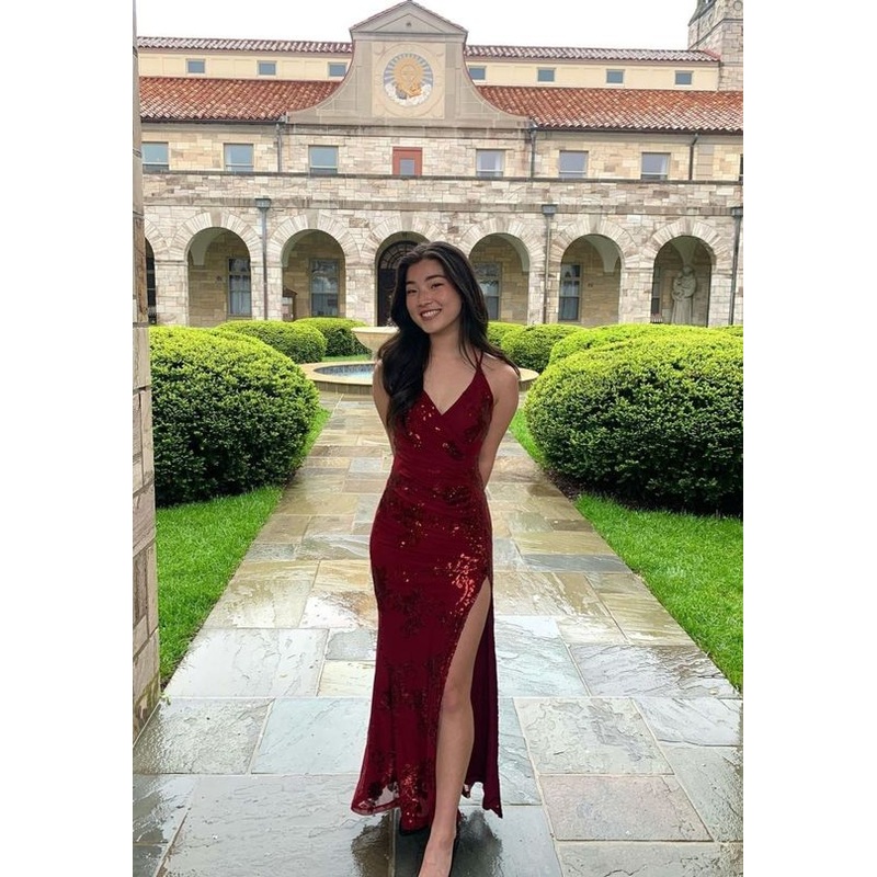 V Neck Mermaid Sequin Burgundy Long Prom Dress Formal Party Dress With Slit 2441