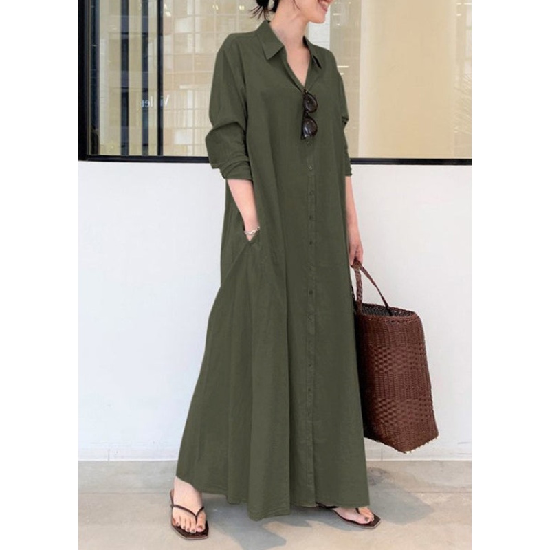 Vintage Army Green Oversized Cotton Robe Dresses Spring