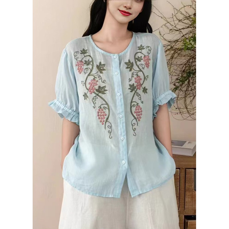 Vintage Blue Embroidered Linen Top Summer