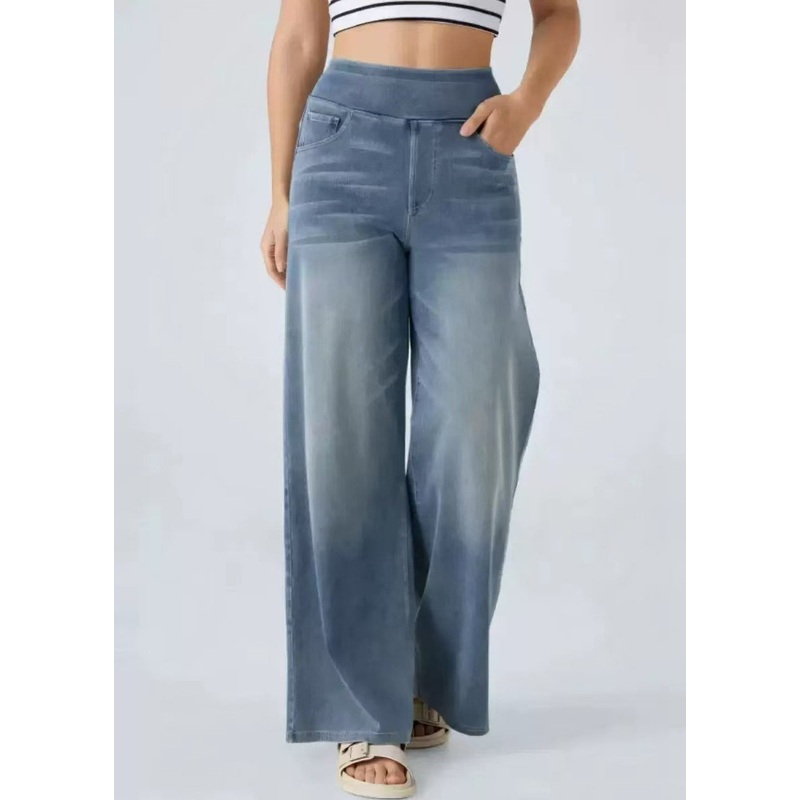 Vintage Light Blue Pockets Elastic Waist Denim Wide Leg Pants Summer