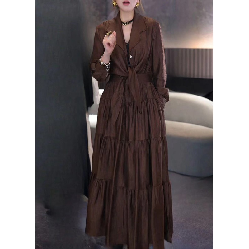 Vogue Coffee Notched Wrinkled Patchwork Tie Waist Maxi Dress Spring