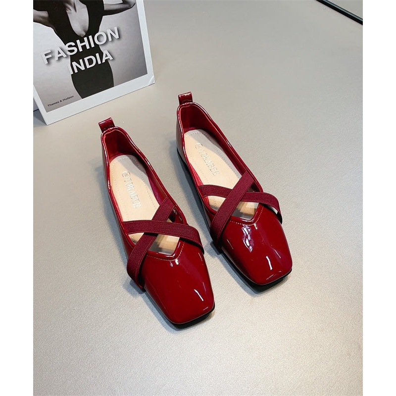 Wine Red Faux Leather Flat Shoes For Women Splicing Cross Strap