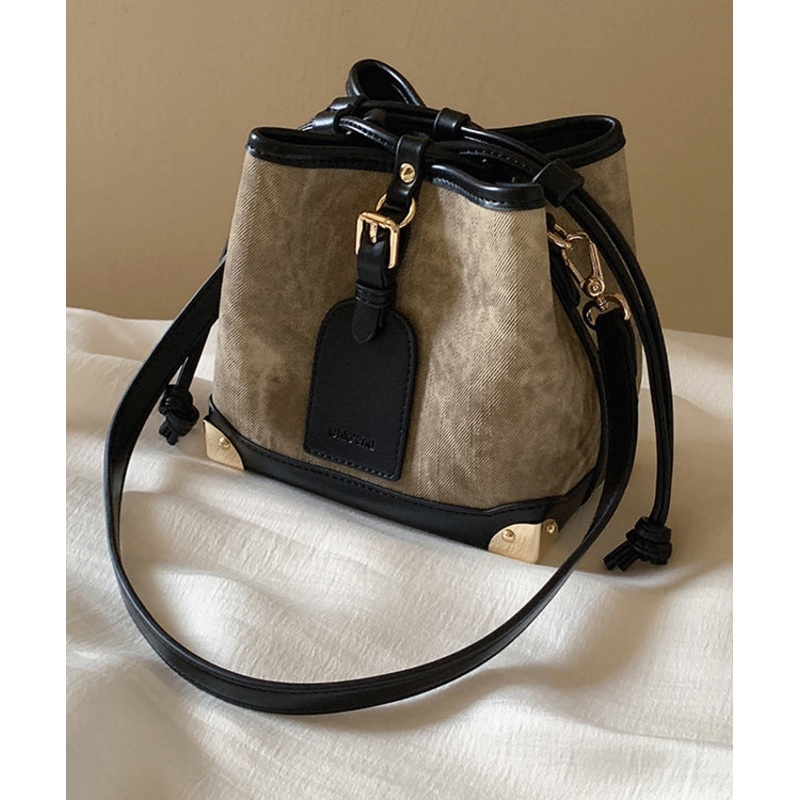 Women Black Faux Leather Drawstring Bucket Bag