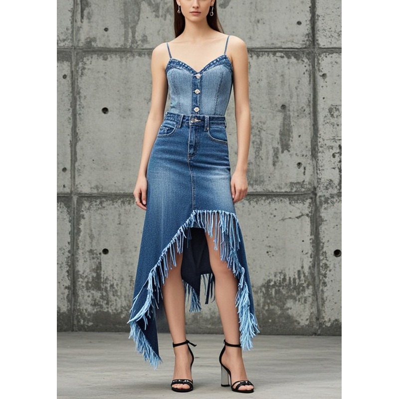 Women Blue Tasseled Asymmetrical Design Denim Skirt Spring
