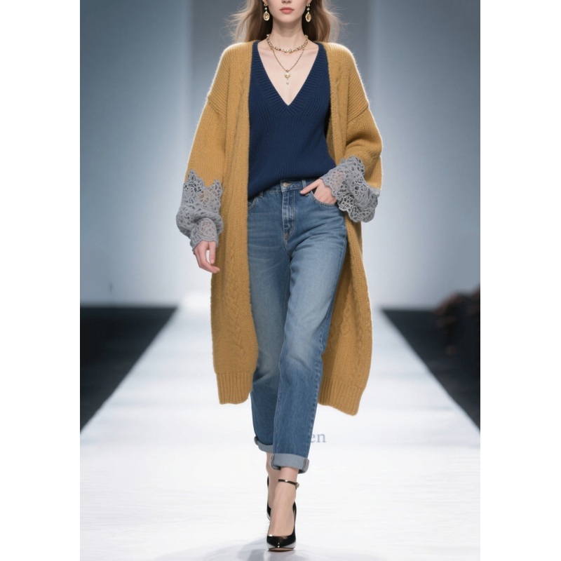 Women Brown Oversized Patchwork Lace Knit Long Cardigans Winter