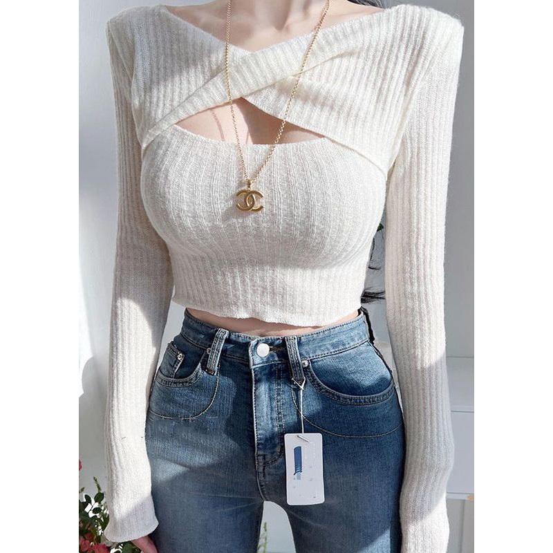 Women White Hollow Out Solid Cotton Knit Short Sweater Summer