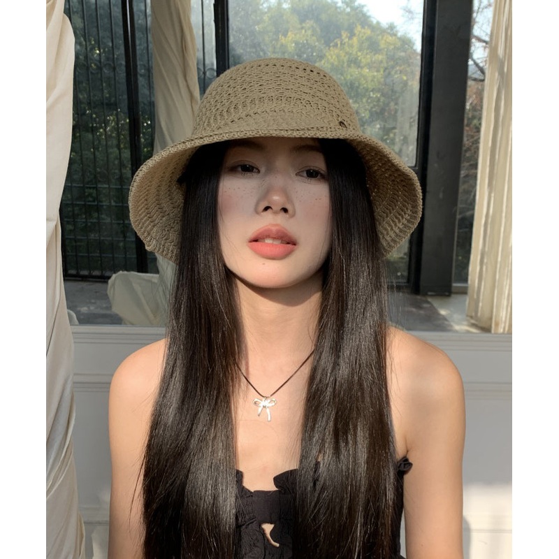 2025 New Khaki Hollow Out Breathable Straw Woven Bucket Hat