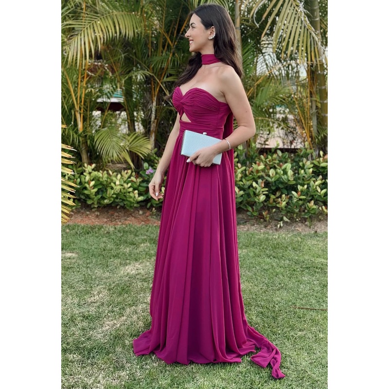 A Line Fuchsia Long Prom Dress Chiffon Wedding Guest Dress J8060