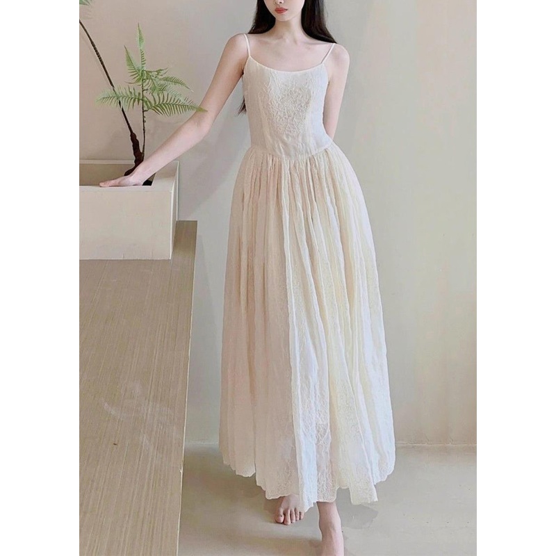 Art Beige Embroidered High Waist Cotton Spaghetti Strap Dress Sleeveless