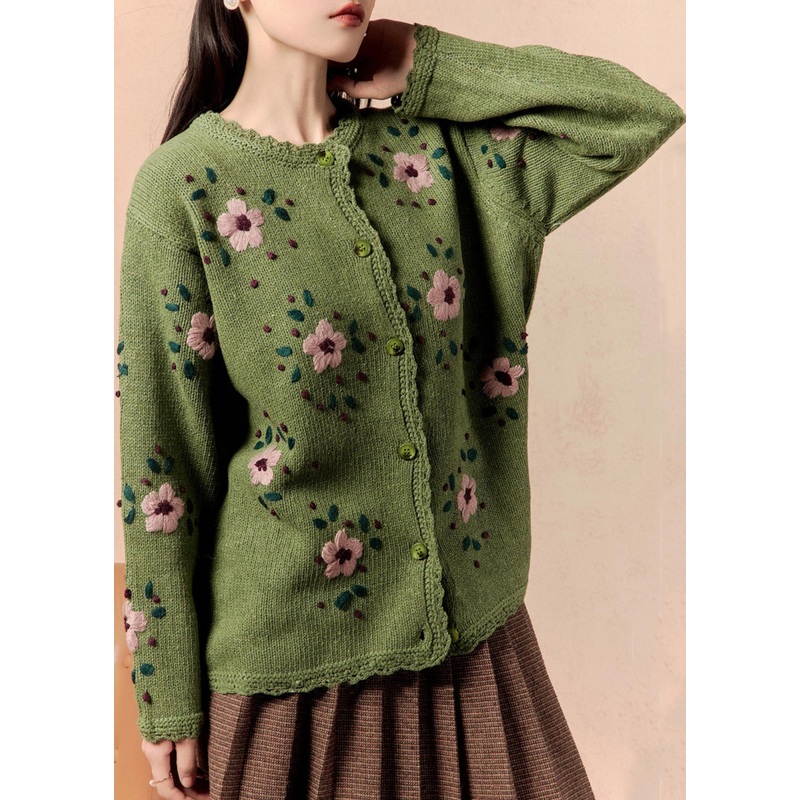 Art Green Floral Button Knit Cardigan Winter