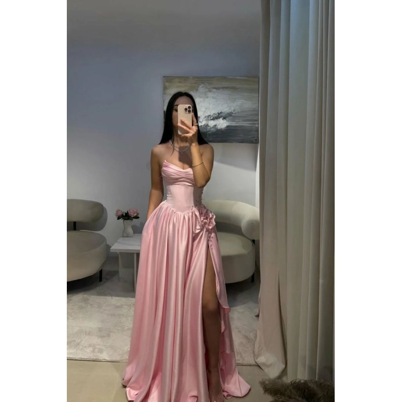 Baby Pink Sweetheart Satin Long Prom Dresses A Line Party Dress J8159