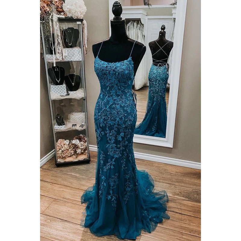 Backless Mermaid Dark Teal Lace Long Prom Dress Formal Evening Dress J4871