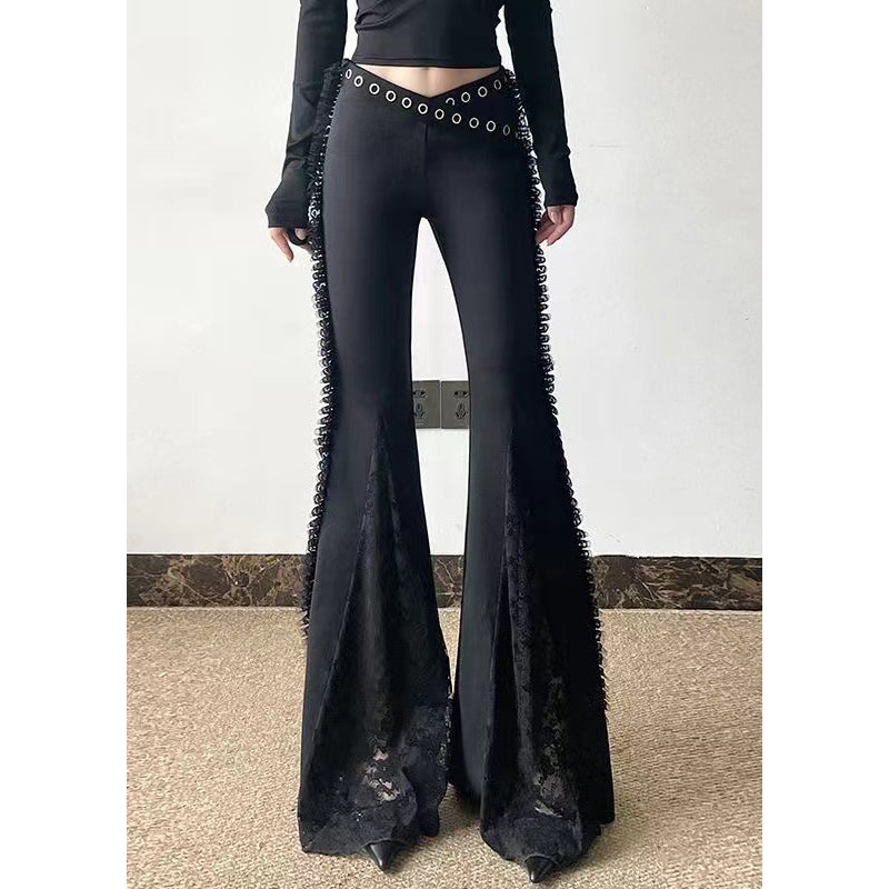 Beautiful Black Eyelash Patchwork Lace Bell-bottom Trousers Pants Spring