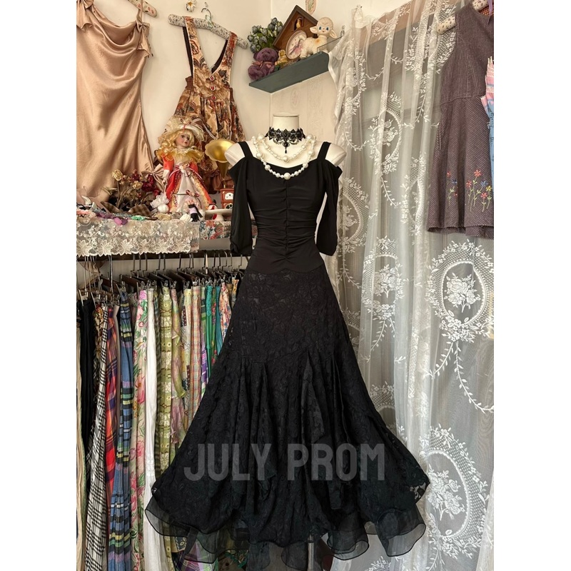 Black A Line Lace Formal Party Dress Vintage Prom Dress J4781
