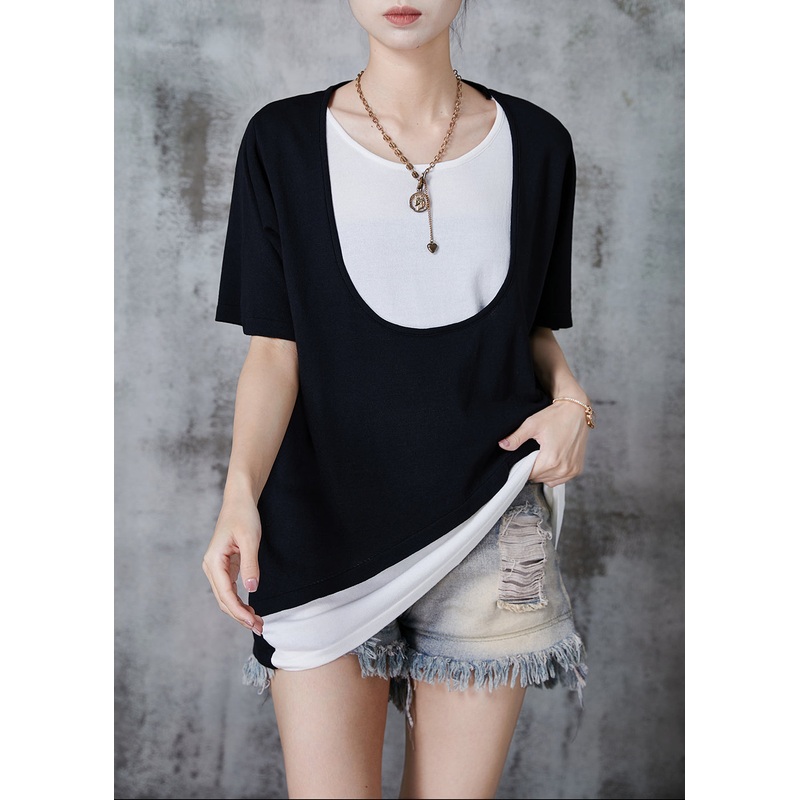 Black Cotton Fake Two Piece Tanks Asymmetrical Design Summer