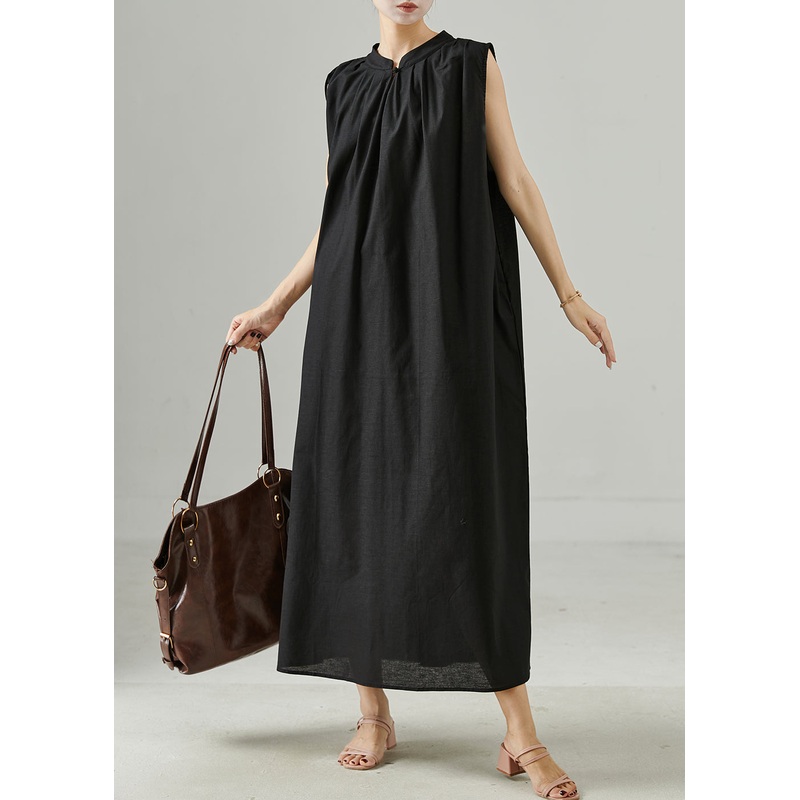 Black Linen Maxi Dress Stand Collar Oversized Sleeveless