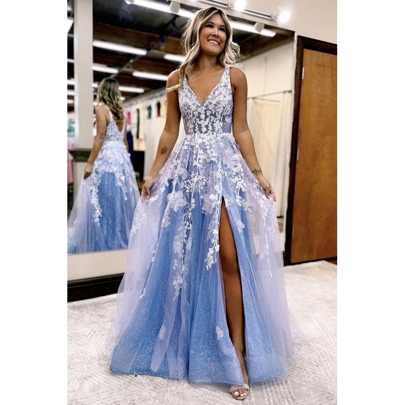 Blue A Line V-Neck Long Prom Dress Slit Applique Evening Dress 2107