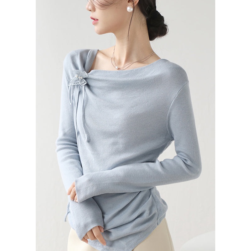 Blue Knit Top Asymmetrical Butterfly Lace Up Spring