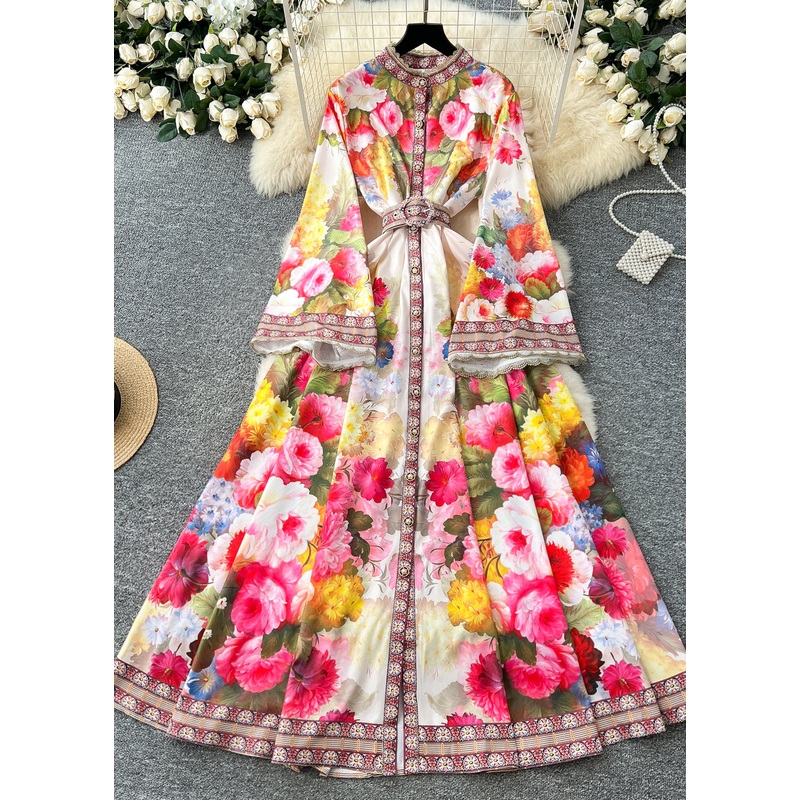 Bohemian White Cinched Floral Print Cotton Dresses Flare Sleeve