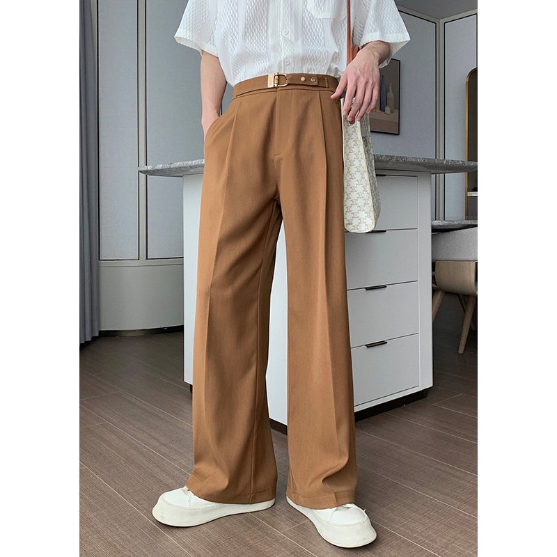 Brown Solid Spandex Fall Pants Men High Waist