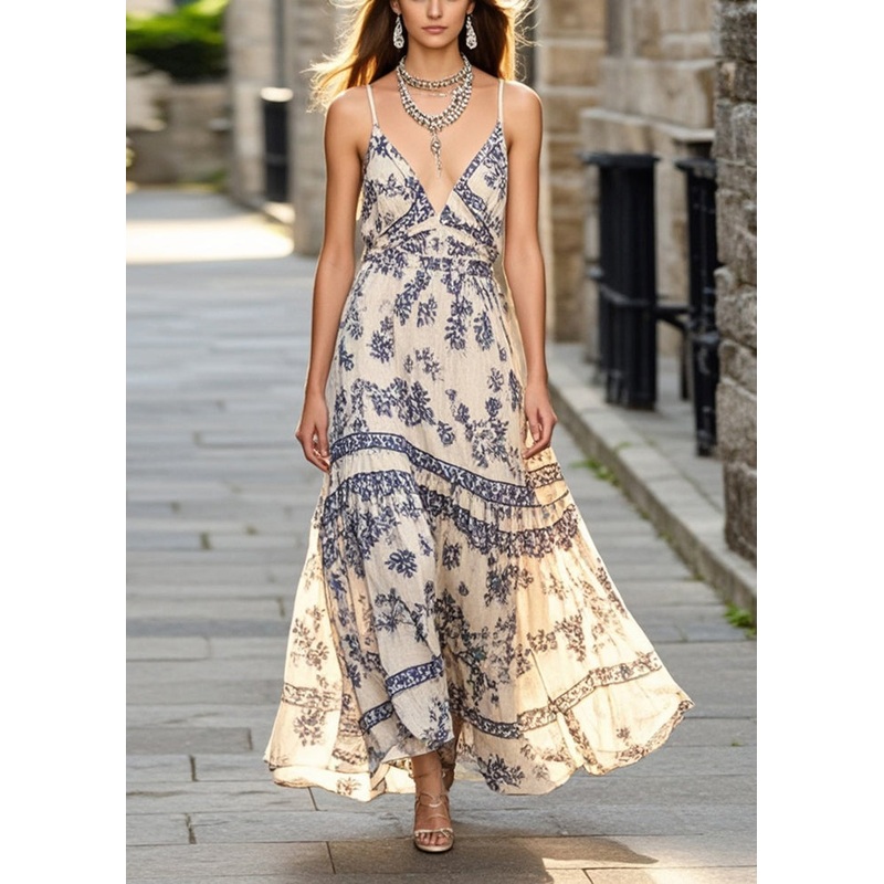 Casual Apricot Print Exra Large Hem Cotton Spaghetti Strap Dress Summer